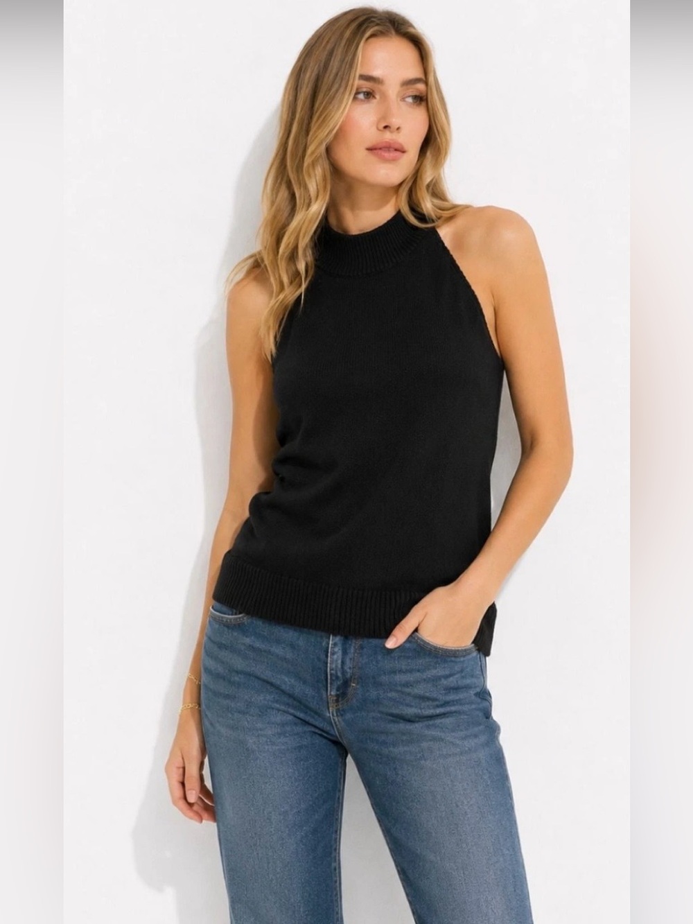 LOFT Sleeveless Mock Neck Sweater Tank Top Navy Blue Knit NWT Size Large